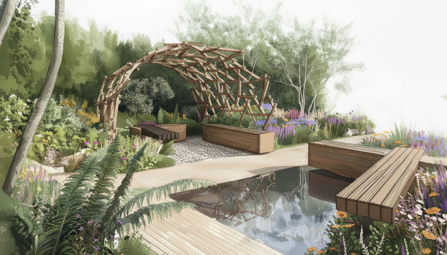 Garden image showing wooden structure, benches, water and plants